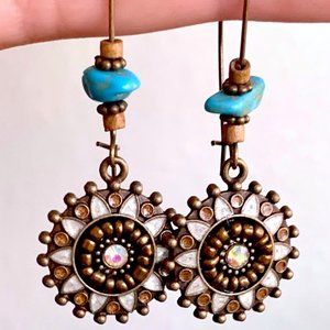2 1/4" Ornate Boho Brown Turquoise Beaded Rhinestone Flower Dangle Earrings New